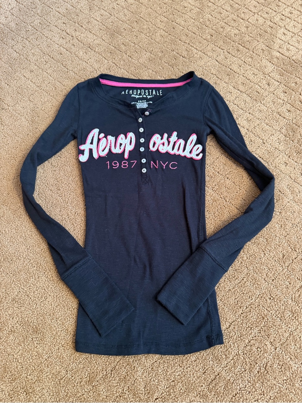 Vintage Aeropostale Long Sleeve Henley Black And Pink Women’s Size XS Y2K